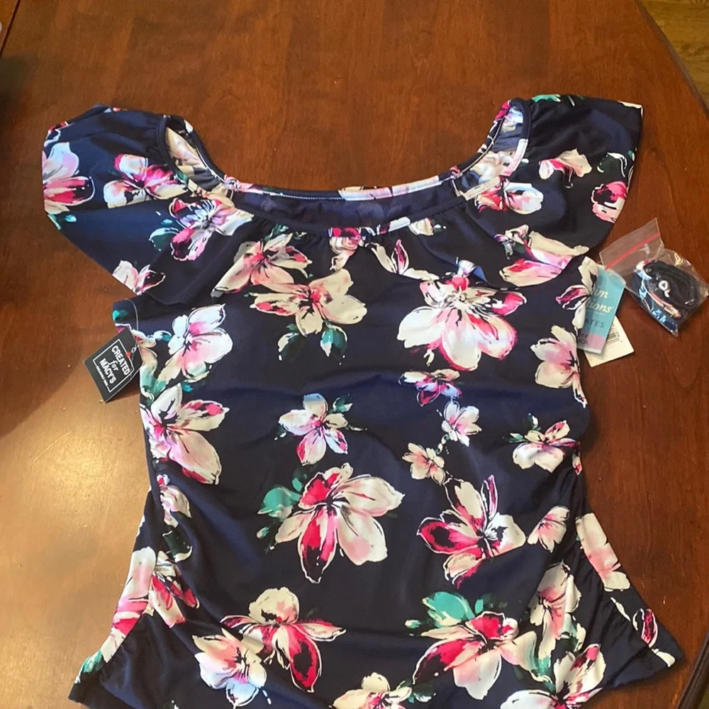 Swim Solutions Navy Floral Women Swim Top - Pink, White, Teal Accents - Picture 8 of 9